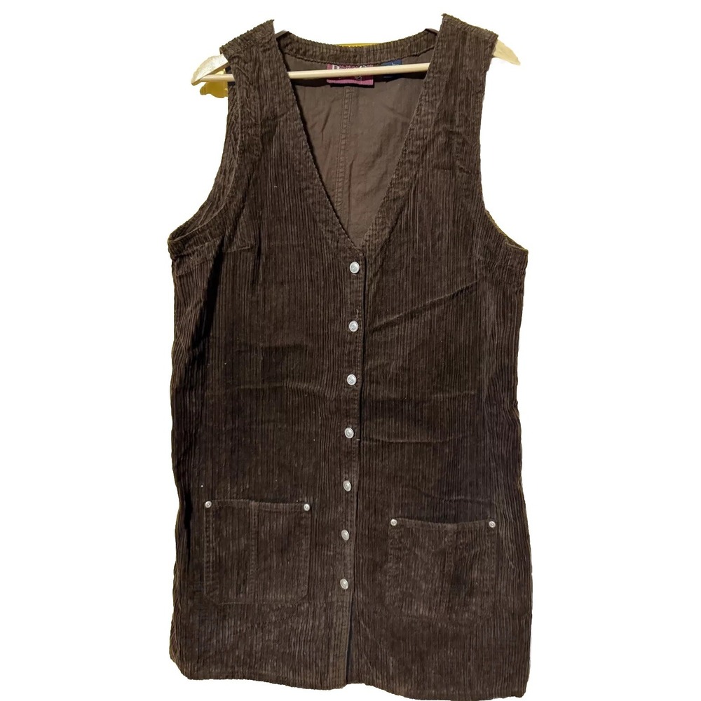 Denim & Co Corduroy Overall Dress Wide Wale Silver SZ Lg‎ Brown Preppy Lagenlook